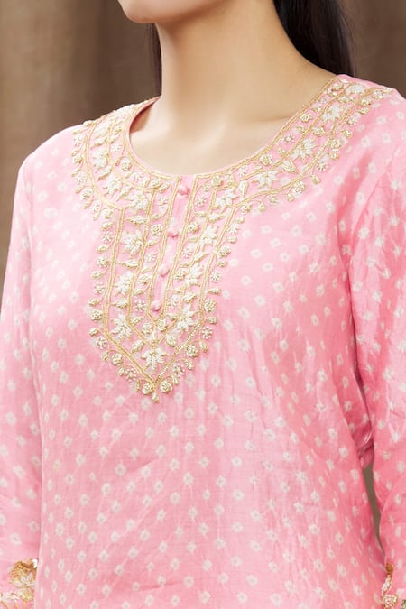 Shop_Surbhi Shah_Peach Organza, Spun Silk Bandhej, Floral Printed Kurta Lehenga Set_Online_at_Aza_Fashions