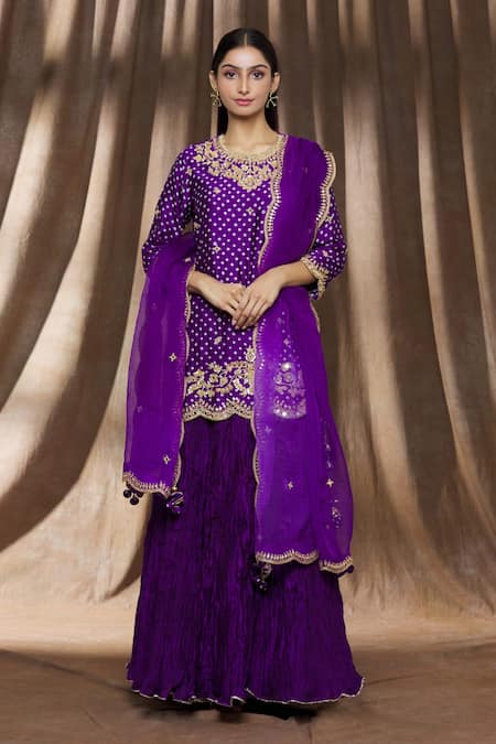 Surbhi Shah Purple Pure Spun Silk Printed Bandhej Round Kurta Lehenga Set 