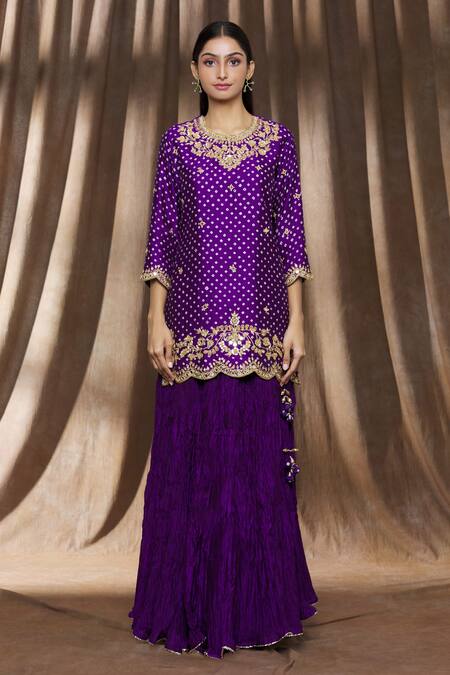 Surbhi Shah_Purple Organza, Spun Silk Bandhej, Floral Printed Kurta Lehenga Set_Online_at_Aza_Fashions