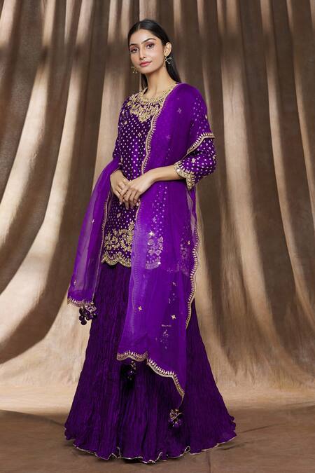 Buy_Surbhi Shah_Purple Organza, Spun Silk Bandhej, Floral Printed Kurta Lehenga Set_Online_at_Aza_Fashions