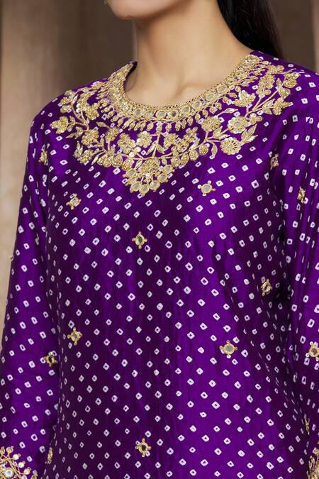 Shop_Surbhi Shah_Purple Organza, Spun Silk Bandhej, Floral Printed Kurta Lehenga Set_Online_at_Aza_Fashions