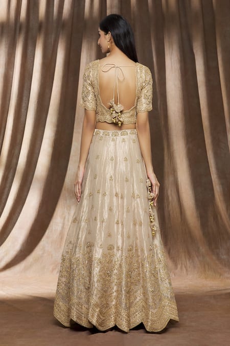 Shop_Surbhi Shah_Gold Pure Tissue Floral V Neck Embroidered Bridal Lehenga Set _at_Aza_Fashions