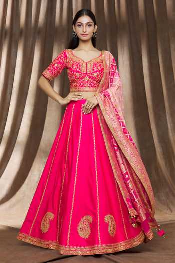Buy Surbhi Shah Pink Georgette, Spun Silk Floral Leaf Paisley Embroidered Lehenga Set at Aza Fashions Buy_Surbhi Shah_Pink Georgette, Spun Silk Floral Leaf Paisley Embroidered Lehenga Set_at_Aza_Fashions