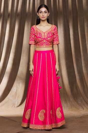 Surbhi Shah Pink Georgette, Spun Silk Floral Leaf Paisley Embroidered Lehenga Set Online at Aza Fashions Surbhi Shah_Pink Georgette, Spun Silk Floral Leaf Paisley Embroidered Lehenga Set_Online_at_Aza_Fashions