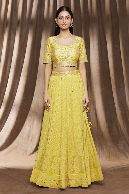 Surbhi Shah Yellow Organza, Spun Silk Floral Square Neck Embroidered Lehenga Set Online at Aza Fashions Surbhi Shah_Yellow Organza, Spun Silk Floral Square Neck Embroidered Lehenga Set _Online_at_Aza_Fashions