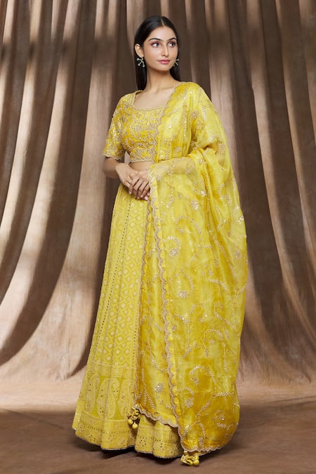 Buy Surbhi Shah Yellow Organza, Spun Silk Floral Square Neck Embroidered Lehenga Set Online at Aza Fashions Buy_Surbhi Shah_Yellow Organza, Spun Silk Floral Square Neck Embroidered Lehenga Set _Online_at_Aza_Fashions