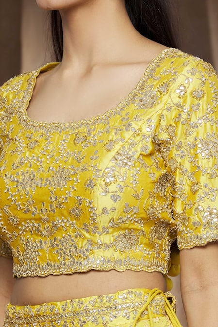 Shop Surbhi Shah Yellow Organza, Spun Silk Floral Square Neck Embroidered Lehenga Set Online at Aza Fashions Shop_Surbhi Shah_Yellow Organza, Spun Silk Floral Square Neck Embroidered Lehenga Set _Online_at_Aza_Fashions