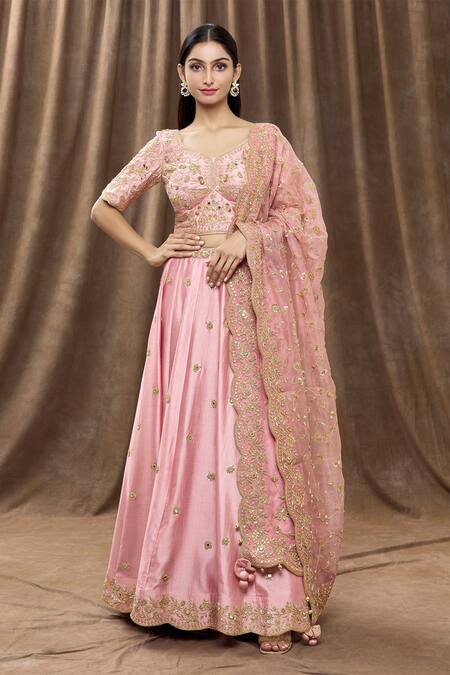 Surbhi Shah Pink Pure Spun Silk Embroidery Mirror Leaf Neck Lehenga Set 