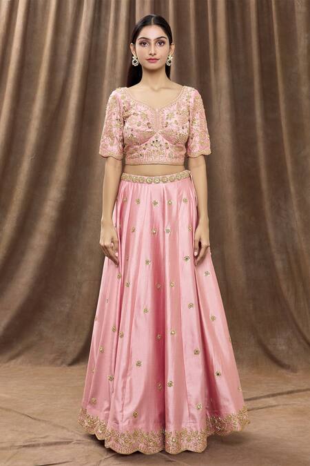 Surbhi Shah_Pink Organza, Spun Silk Floral, Mirror, Sequin Embroidered Lehenga Set_Online_at_Aza_Fashions