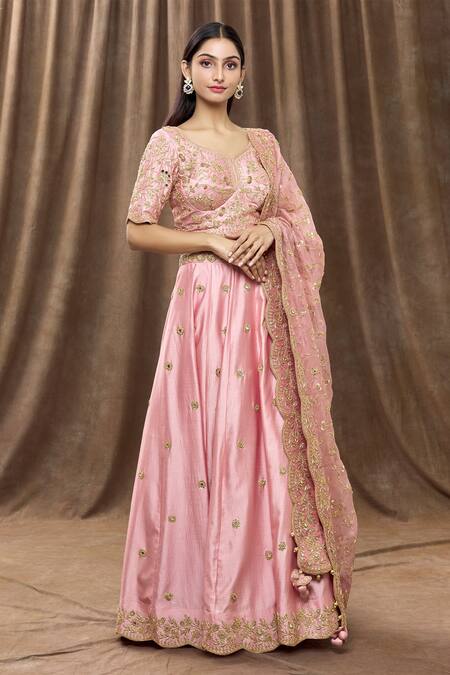 Buy_Surbhi Shah_Pink Organza, Spun Silk Floral, Mirror, Sequin Embroidered Lehenga Set_Online_at_Aza_Fashions