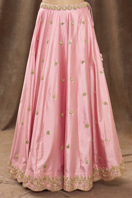 Surbhi Shah_Pink Organza, Spun Silk Floral, Mirror, Sequin Embroidered Lehenga Set_at_Aza_Fashions