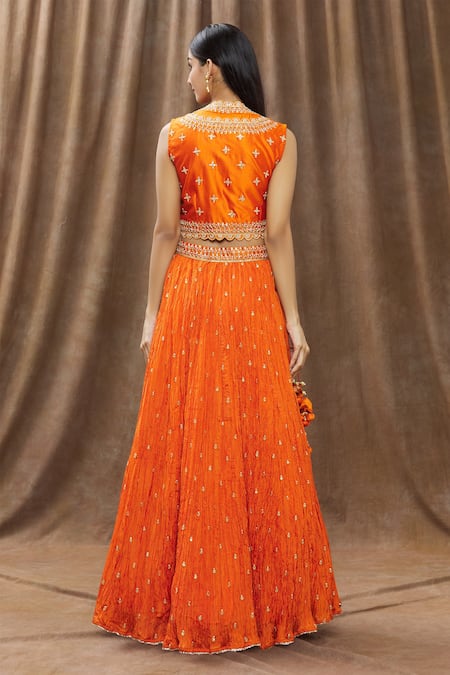 Shop Surbhi Shah Orange Organza, Silk Mirror V Neck Crushed Lehenga Set at Aza Fashions Shop_Surbhi Shah_Orange Organza, Silk Mirror V Neck Crushed Lehenga Set _at_Aza_Fashions