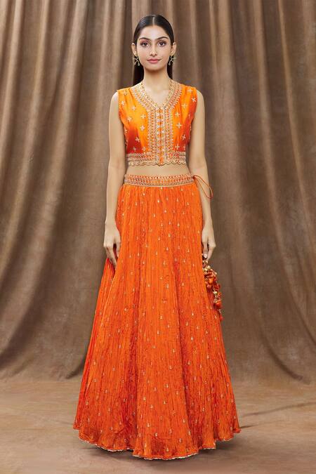 Surbhi Shah Orange Organza, Silk Mirror V Neck Crushed Lehenga Set Online at Aza Fashions Surbhi Shah_Orange Organza, Silk Mirror V Neck Crushed Lehenga Set _Online_at_Aza_Fashions