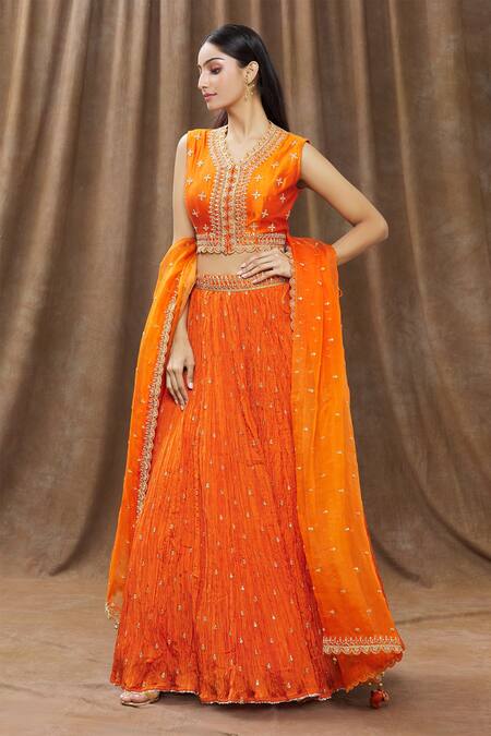 Buy Surbhi Shah Orange Organza, Silk Mirror V Neck Crushed Lehenga Set Online at Aza Fashions Buy_Surbhi Shah_Orange Organza, Silk Mirror V Neck Crushed Lehenga Set _Online_at_Aza_Fashions