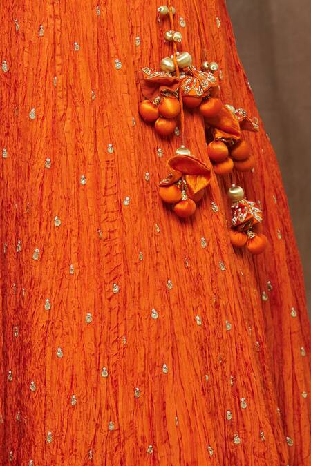 Shop Surbhi Shah Orange Organza, Silk Mirror V Neck Crushed Lehenga Set Online at Aza Fashions Shop_Surbhi Shah_Orange Organza, Silk Mirror V Neck Crushed Lehenga Set _Online_at_Aza_Fashions