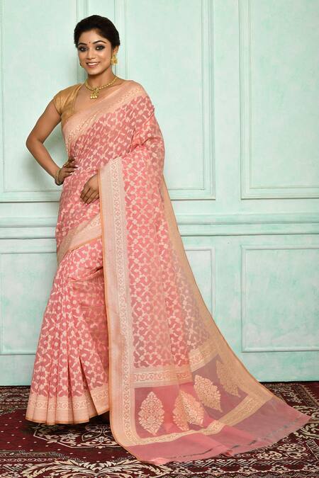 Pinki Sinha Pink Linen Floral Woven Saree