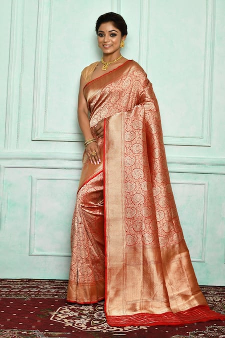 Pinki Sinha Red Pure Silk Handwoven Banarasi Motifs Saree 