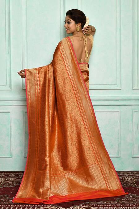 Shop Vishwa By Pinki Sinha Orange Pure Silk Banarasi Motifs Handwoven Saree at Aza Fashions Shop_Vishwa By Pinki Sinha_Orange Pure Silk Banarasi Motifs Handwoven Saree_at_Aza_Fashions
