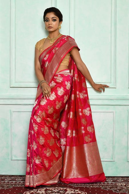 Vishwa By Pinki Sinha Pink Pure Silk Banarasi Motifs Handwoven Saree Online at Aza Fashions Vishwa By Pinki Sinha_Pink Pure Silk Banarasi Motifs Handwoven Saree_Online_at_Aza_Fashions