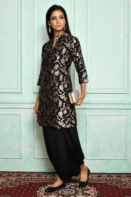 Pinki Sinha Black Kurta-banarasi Silk Woven Floral Notched Kurta And Dhoti Pant Set 