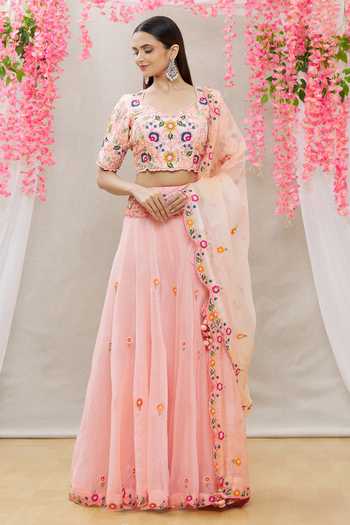 Buy Surbhi Shah Peach Organza, Spun Silk Floral Motifs Scoop Embroidered Lehenga Set at Aza Fashions Buy_Surbhi Shah_Peach Organza, Spun Silk Floral Motifs Scoop Embroidered Lehenga Set_at_Aza_Fashions