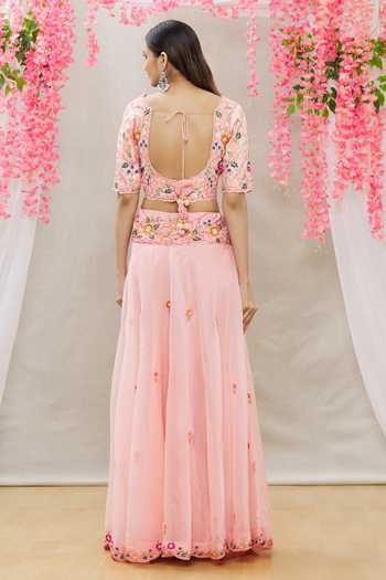 Shop Surbhi Shah Peach Organza, Spun Silk Floral Motifs Scoop Embroidered Lehenga Set at Aza Fashions Shop_Surbhi Shah_Peach Organza, Spun Silk Floral Motifs Scoop Embroidered Lehenga Set_at_Aza_Fashions