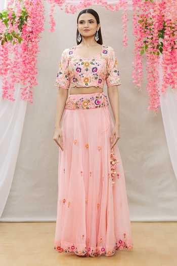 Surbhi Shah Peach Organza, Spun Silk Floral Motifs Scoop Embroidered Lehenga Set Online at Aza Fashions Surbhi Shah_Peach Organza, Spun Silk Floral Motifs Scoop Embroidered Lehenga Set_Online_at_Aza_Fashions