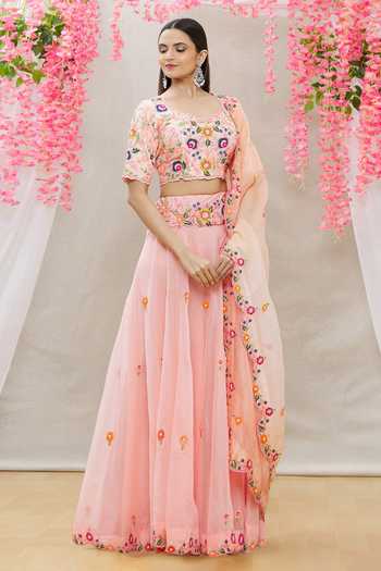 Buy Surbhi Shah Peach Organza, Spun Silk Floral Motifs Scoop Embroidered Lehenga Set Online at Aza Fashions Buy_Surbhi Shah_Peach Organza, Spun Silk Floral Motifs Scoop Embroidered Lehenga Set_Online_at_Aza_Fashions