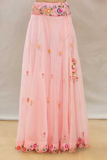 Surbhi Shah Peach Organza, Spun Silk Floral Motifs Scoop Embroidered Lehenga Set at Aza Fashions Surbhi Shah_Peach Organza, Spun Silk Floral Motifs Scoop Embroidered Lehenga Set_at_Aza_Fashions