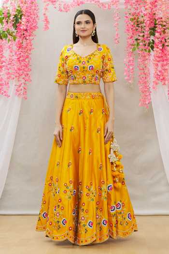 Buy_Surbhi Shah_Yellow Organza, Spun Silk Floral Motifs Scoop Embroidered Lehenga Set_Online_at_Aza_Fashions