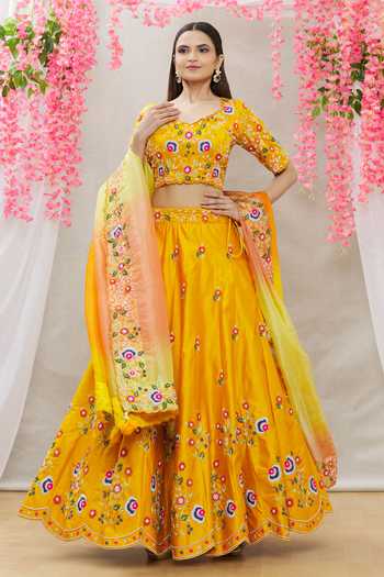 Surbhi Shah_Yellow Organza, Spun Silk Floral Motifs Scoop Embroidered Lehenga Set_Online_at_Aza_Fashions