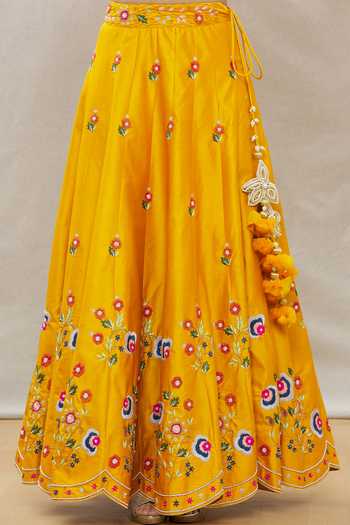 Surbhi Shah_Yellow Organza, Spun Silk Floral Motifs Scoop Embroidered Lehenga Set_at_Aza_Fashions