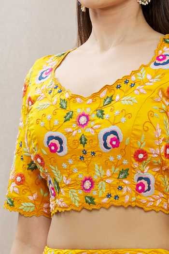 Shop_Surbhi Shah_Yellow Organza, Spun Silk Floral Motifs Scoop Embroidered Lehenga Set_Online_at_Aza_Fashions