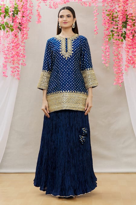 Surbhi Shah_Blue Organza, Spun Silk Bandhej, Leheriya Embroidered Kurta Skirt Set_Online_at_Aza_Fashions