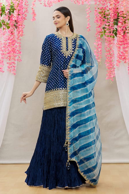 Buy_Surbhi Shah_Blue Organza, Spun Silk Bandhej, Leheriya Embroidered Kurta Skirt Set_Online_at_Aza_Fashions
