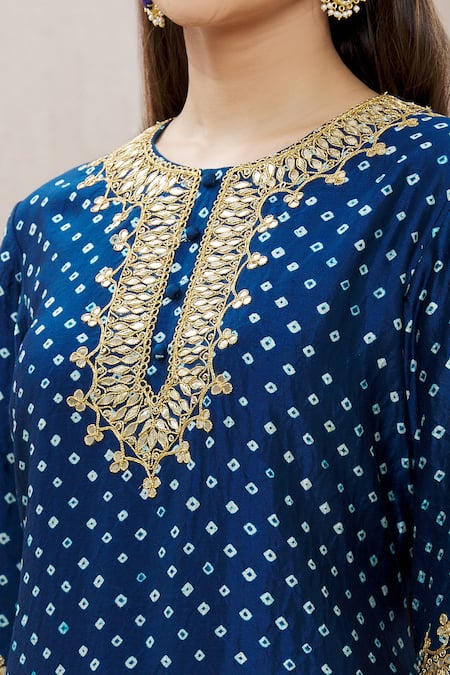 Shop_Surbhi Shah_Blue Organza, Spun Silk Bandhej, Leheriya Embroidered Kurta Skirt Set_Online_at_Aza_Fashions