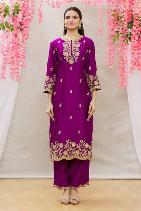 Surbhi Shah_Purple Organza, Spun Silk Floral Motifs Embroidered Straight Kurta Set_Online_at_Aza_Fashions