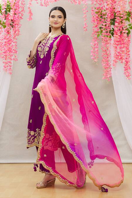 Buy_Surbhi Shah_Purple Organza, Spun Silk Floral Motifs Embroidered Straight Kurta Set_Online_at_Aza_Fashions