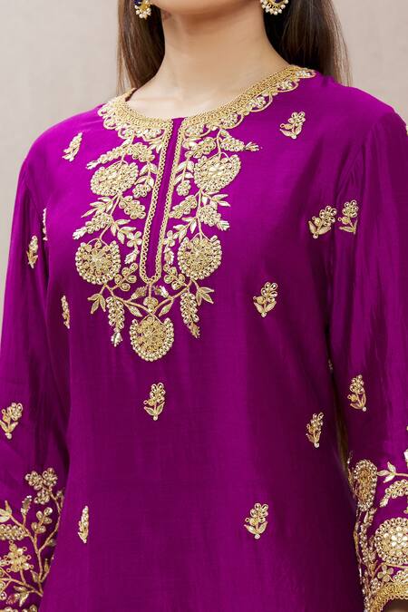 Shop_Surbhi Shah_Purple Organza, Spun Silk Floral Motifs Embroidered Straight Kurta Set_Online_at_Aza_Fashions