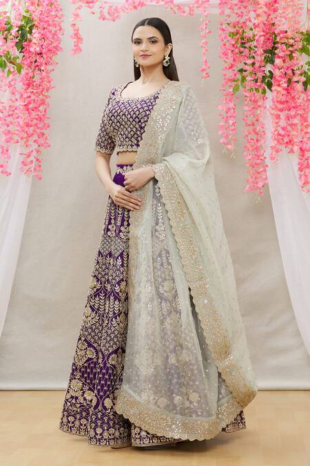 Buy_Surbhi Shah_Purple Organza, Spun Silk Floral Motifs Embroidered Bridal Lehenga Set_Online_at_Aza_Fashions