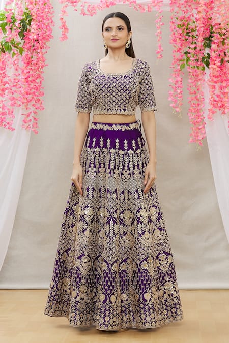 Surbhi Shah_Purple Organza, Spun Silk Floral Motifs Embroidered Bridal Lehenga Set_Online_at_Aza_Fashions