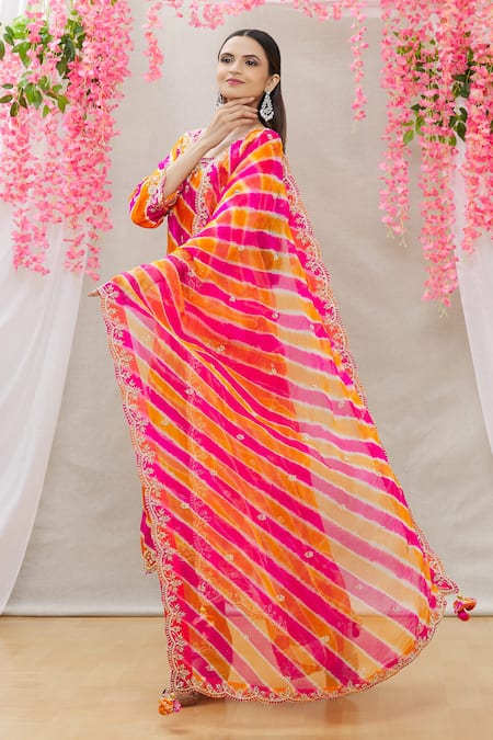 Buy_Surbhi Shah_Orange Organza, Spun Silk Floral Motifs Embroidered Leheriya Kurta Set_Online_at_Aza_Fashions