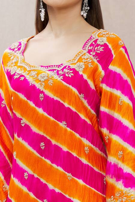 Shop_Surbhi Shah_Orange Organza, Spun Silk Floral Motifs Embroidered Leheriya Kurta Set_Online_at_Aza_Fashions