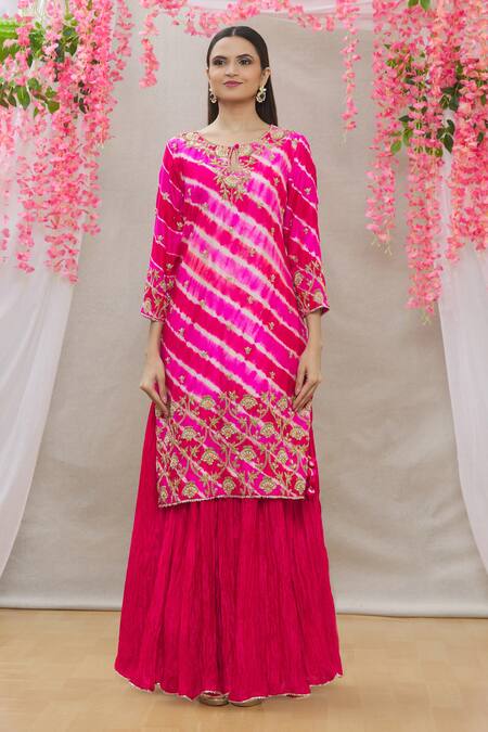 Surbhi Shah_Pink Organza, Spun Silk Leheriya Round Kurta Lehenga Set_Online_at_Aza_Fashions
