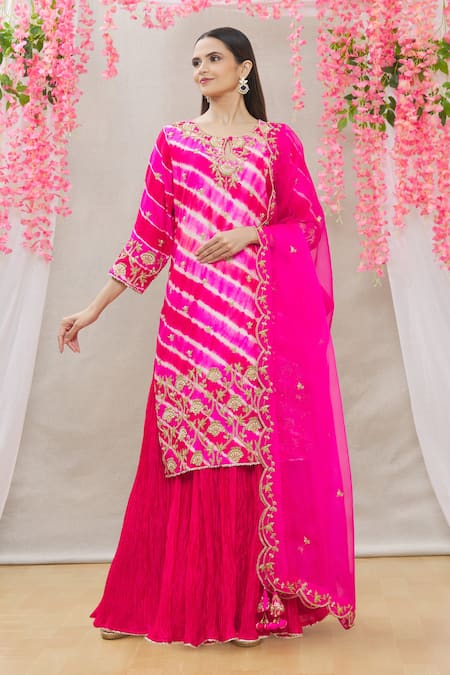 Buy_Surbhi Shah_Pink Organza, Spun Silk Leheriya Round Kurta Lehenga Set_Online_at_Aza_Fashions