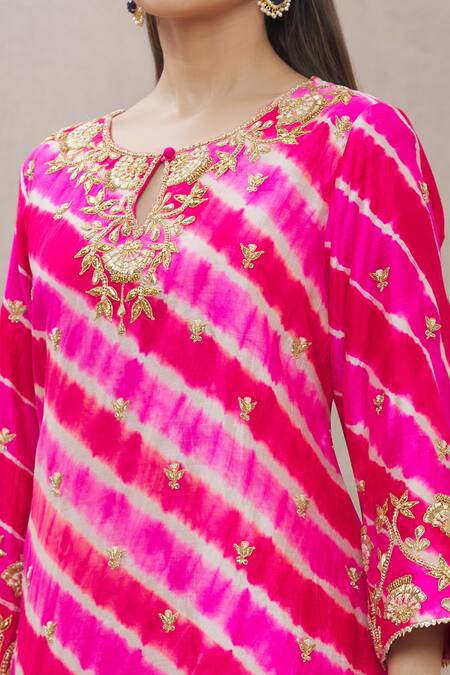 Shop_Surbhi Shah_Pink Organza, Spun Silk Leheriya Round Kurta Lehenga Set_Online_at_Aza_Fashions