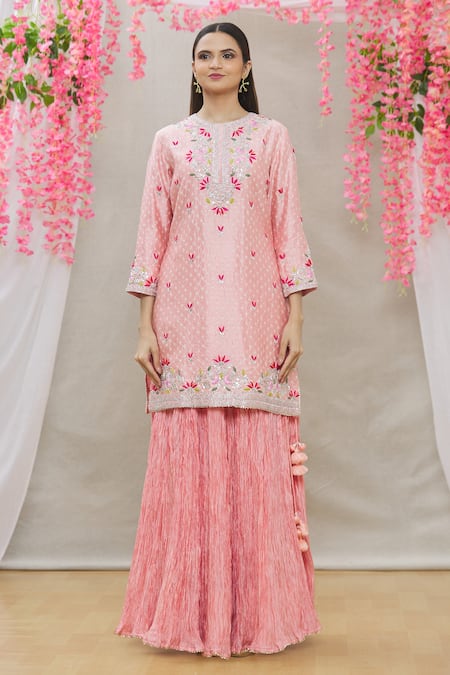Surbhi Shah_Pink Organza, Spun Silk Floral Motifs Round Embroidered Kurta Set_Online_at_Aza_Fashions