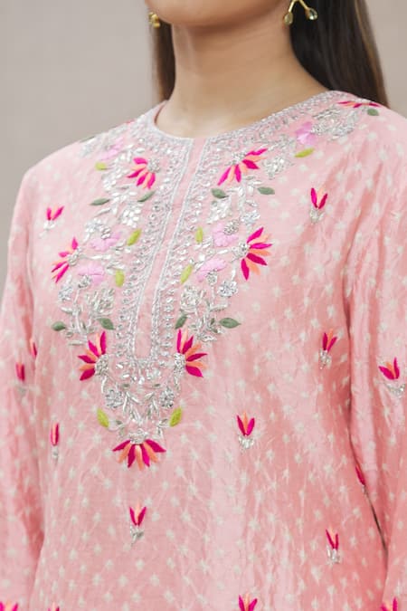 Shop_Surbhi Shah_Pink Organza, Spun Silk Floral Motifs Round Embroidered Kurta Set_Online_at_Aza_Fashions