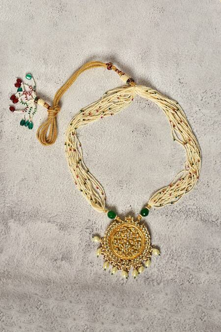 Our Purple Studio_Gold Plated Kundans Embellished Long Pendant Necklace Set _Online_at_Aza_Fashions