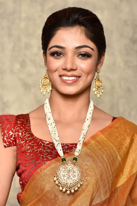 Shop_Our Purple Studio_Gold Plated Kundans Embellished Long Pendant Necklace Set _Online_at_Aza_Fashions